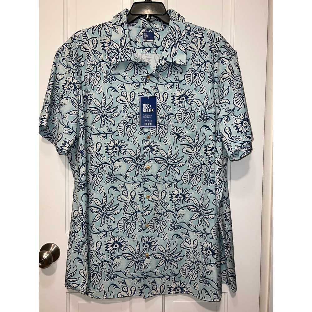 NEW ROWM Rec Relax Mens 3XB Blue Floral Button Up Shirt Performance Stretch